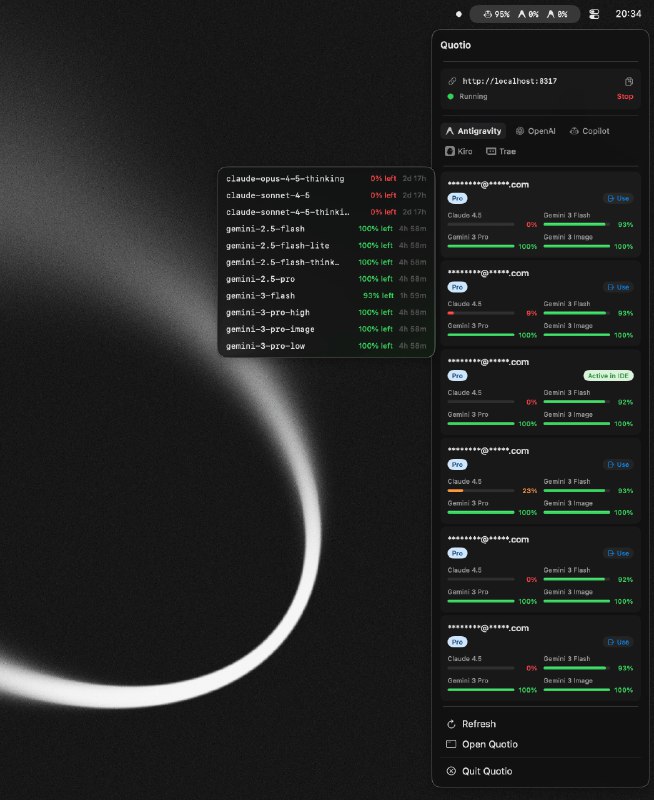 Quotio: macOS AI 编码助理指挥中心• 多供应商支持，统一管理 Gemini、Claude、OpenAI 等 APIKey 与 OAuth 账号  • 实时配额仪表盘，监控令牌使用、流量与失败率，自动切换路由策略  • 菜单栏快捷入口，一键启动代理、配置 CLI 工具并推送低配额提醒  