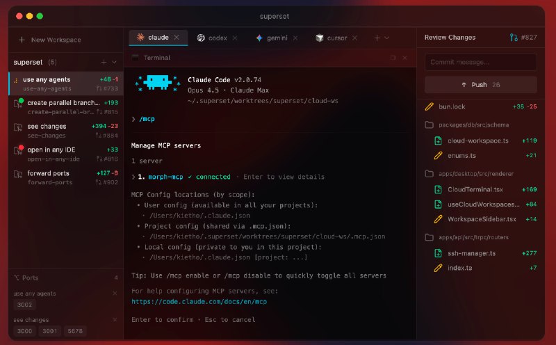 Superset: 为 CLI 编码代理打造的多任务并行开发终端• 同时运行多个 CLI coding agent，减少上下文切换成本  • 基于 Git worktree 为每个任务隔离分支与工作目录，避免相互干扰  • 内置 Agent 状态监控与 Diff 查看/编辑，集中收敛变更并及时提醒  