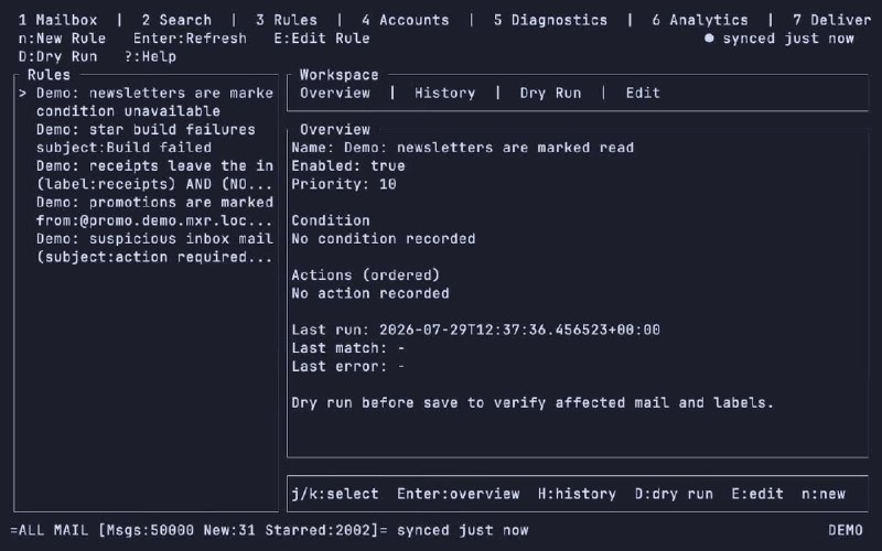 mxr: 面向终端与 AI Agent 的本地优先邮件客户端感谢群友 @suynyx 的分享• 将 Gmail、Outlook、Microsoft 365 与 IMAP 账户聚合到统一本地邮箱，邮件历史存入 SQLite，并用 Tantivy 建立本地搜索索引• 提供 TUI、CLI、Web、MCP 与 Agent skill 一致接口，适合脚本化检索、批量处理、草稿生成与自动化邮件工作流• 采用常驻 daemon 架构，支持离线变更队列、语义搜索扩展、权限控制与活动日志，适合技术用户构建个人邮件自动化系统