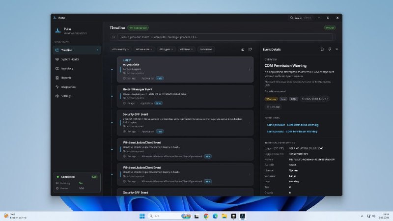 Pulse: 面向 Windows 的现代可观测性诊断平台• 将 Windows Event Log 转成可读时间线，支持实时订阅、搜索筛选与 JSON / CSV 导出• 提供 CPU、内存、GPU、磁盘、网络等系统健康指标，并整合硬件与软件清单视图• 采用 Flutter Desktop + C++ 服务架构，通过命名管道 IPC 连接应用与系统服务，并集成 PulseMCP 供 Cursor 和 Claude Desktop 调用