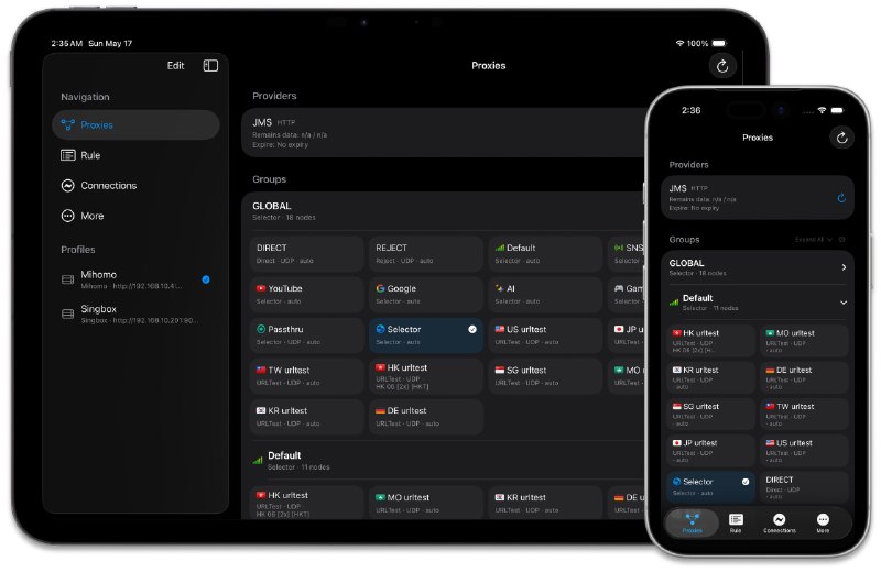 Sphere: 简洁美观的 iOS mihomo/sing-box/Surge 控制面板由群友 @x0x0x0000x0 开发• 基于原生 iOS 设计语言打造，界面简洁，整体观感细腻顺滑• 项目使用 Swift 开发并已开源
