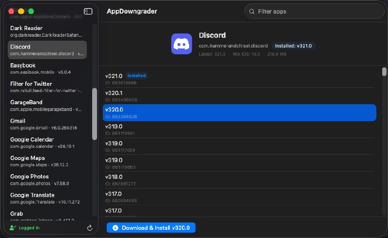 AppDowngrader: 面向 macOS 的 iOS 应用历史版本降级工具• 可图形化浏览已连接 iOS 设备上的应用，并查看每个应用可用的历史版本• 支持一键下载并安装旧版本，同时提供 Apple ID 登录与 2FA 验证支持• 内置 ipatool 与 go-ios，无需手动安装额外依赖，开箱即可使用