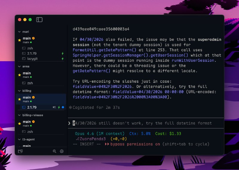 Mori: 面向 Git 项目与工作树组织的原生 macOS 工作区终端• 以 项目 和 Git 工作树 为核心组织终端环境，每个分支检出对应独立的 tmux 持久化会话，适合并行开发与多分支切换• 基于 libghostty 与 Metal 提供 GPU 加速终端渲染，同时结合原生 macOS 侧边栏、命令面板、通知与快捷键，兼顾性能与系统体验• 内置 MoriGit、MoriTmux、SQLite 持久化与 Unix socket IPC，并提供 CLI，可直接完成项目打开、工作树创建、焦点切换与命令下发