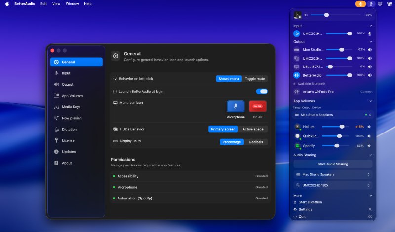 BetterAudio: 把 macOS 的声音控制做成菜单栏级的“专业调音台”• 支持按应用单独调节音量、快速切换输入/输出设备，外接显示器音量也能直接控制  • 内置本地 AI 听写与转写（Parakeet 模型），更隐私也更高效  • 可自定义 HUD 提示、快捷键与媒体按键路由，减少打断专注的操作步骤  