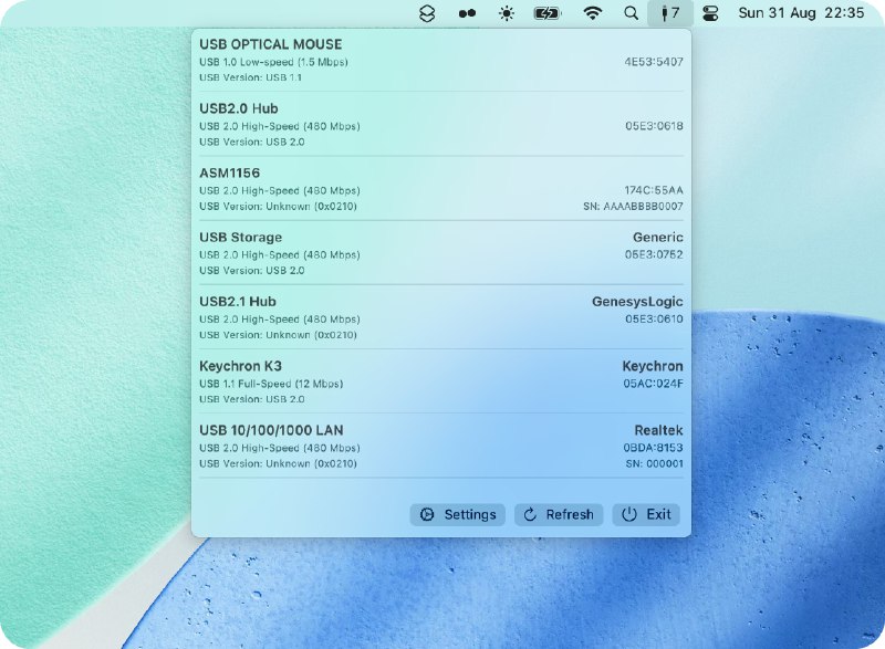 MenuBarUSB: 将连接的 USB 设备信息显示在 macOS 的菜单栏上- 提供简单、可靠的 USB 设备追踪方式- 支持用户自定义 USB 设备列表的显示- 提供设备连接/断开时的通知功能- 具备设备连接状态的监控能力