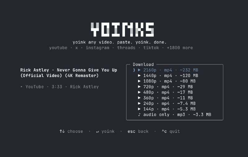 yoinks: 终端视频下载工具• 基于终端交互界面下载 YouTube、X、Instagram、TikTok、Threads 等 1800+ 平台的视频，支持选择分辨率或直接导出 MP3• 内置 yt-dlp 与 ffmpeg 自动管理机制，无需 Python 环境，首次运行即可自动完成依赖准备，开箱即用• 基于 React Terminal UI 构建全屏交互体验，支持键盘与鼠标操作，自动适配终端明暗主题，下载文件默认保存至 Downloads 目录