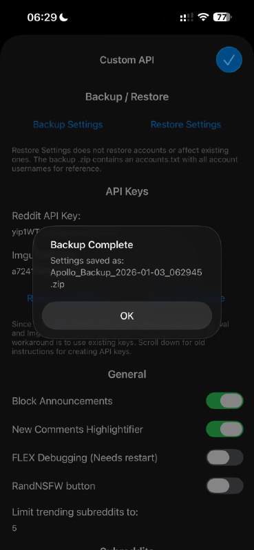 Apollo 自签修改版更新支持设置的备份和恢复了