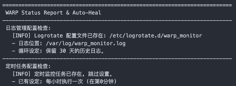 warp_monitor: Cloudflare WARP 自动监控脚本• 自动监控 WARP IPv4 / IPv6 连接状态，识别网络接口、warp-cli、WireProxy 等多种工作模式，持续检查配置一致性• 检测连接异常后自动执行两阶段重连策略，支持软重连与硬重连，提升 WARP 长时间运行稳定性• 一键部署并自动配置 crontab 与 logrotate，支持 Debian、Ubuntu、CentOS、Fedora、Arch、Alpine 等主流 Linux 发行版，提供详细运行日志与诊断报告
