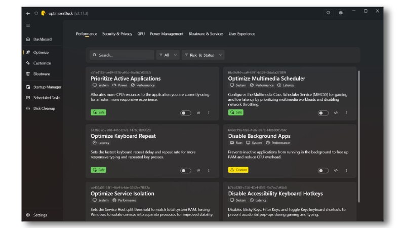 optimizerDuck: 免费开源的 Windows 性能优化与隐私控制工具感谢群友 @suye_nyx 分享• 提供 30+ 项 Windows 系统优化，覆盖性能、隐私、显卡、电源、服务和使用体验• 内置启动项管理、计划任务、磁盘清理、预装软件卸载和系统面板• 支持本地备份、一键还原和风险分级，适合谨慎调整系统设置