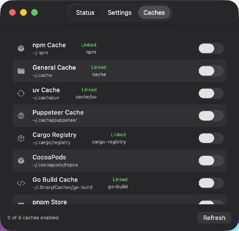 RAMCacheManager: 原生 macOS RAM 磁盘缓存管理工具• 将 npm、Cargo、CocoaPods、Go、pnpm 等开发缓存迁移到 RAM 磁盘，提升构建与依赖读写速度• 支持 1 GB 到 16 GB RAM 磁盘调节，一键创建缓存符号链接，并可登录后自动挂载• 菜单栏常驻，实时查看 RAM 磁盘占用与已链接缓存数量，适合高频构建的开发环境