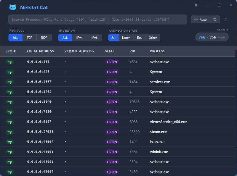 Netstat Cat: 本地可视化网络监控工具  • 实时显示活跃的 TCP/UDP 连接  • 支持进程名、PID、端口范围及语义查询的高级过滤  • 纯本地运行，无网络数据上传  