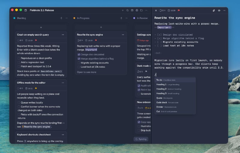 Doska: 本地优先的 Markdown 看板与跨设备同步工具• 支持本地文件夹、浏览器 IndexedDB 和自托管同步服务器，适合个人项目与多端协同• 卡片原生基于 Markdown，提供语法高亮、附件、卡片互链、截止日期和优先级管理• 内置公开看板链接、账户管理、SSO 和 MCP 接口，便于团队共享与 AI Agent 自动整理任务