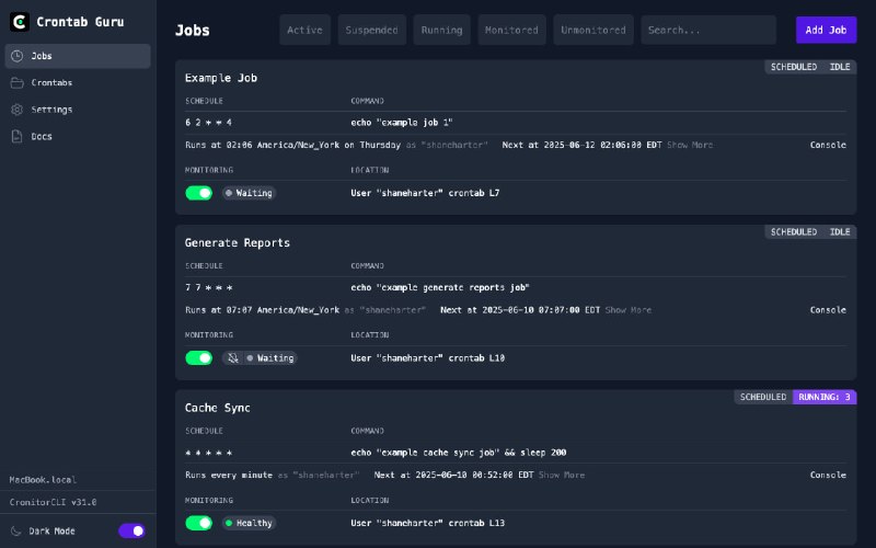 Cronitor CLI: 面向 cron 任务监控、编排与运维协作的命令行工具• 支持导入并同步服务器上的 cron jobs 到 Cronitor，统一查看任务状态、事件和告警• 提供 cronitor exec、monitor、issue、statuspage 等命令，覆盖任务执行监控与运维资源管理• 内置 Web Dashboard 和 MCP server，可通过浏览器或 AI 工具管理任务、触发运行并检查健康状态