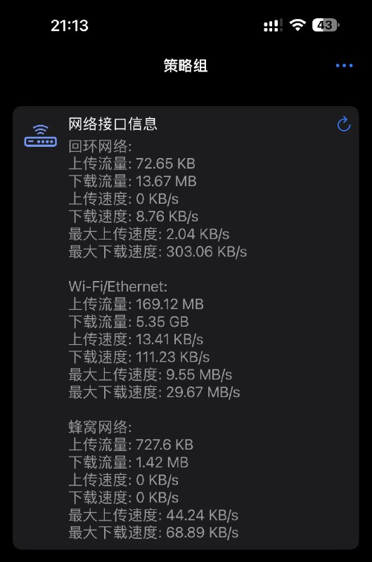#Surge #模块 #面板 #脚本 #信息 #Panel #回环网络 #网络接口 #WiFi #Ethernet #蜂窝网络Powered by Chavy‘s BoxJs and Env.jsAvailable in  SurgeCreated by @xream网络接口信息面板显示流量/速度/最大速度两种样式 Surge 模块 相关内容网络信息Available in  Surge,  Stash,  Loon, Shadowrocket,  Quantumult X国内外 IP, 运营商, ASN, ORG, 位置, 策略; IPv6; 入口落地; 隐私; LAN; SSID. 支持网络变化时进行查询通知