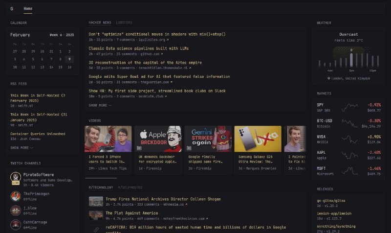 Dynacat: 动态仪表盘聚合信息  • 支持 RSS、Reddit、Hacker News、天气、YouTube、Twitch 等多种实时小部件  • 低内存占用、单文件二进制或轻量 Docker 镜像，跨平台即装即用  • 可自定义主题与布局，支持多页面与自定义 CSS  