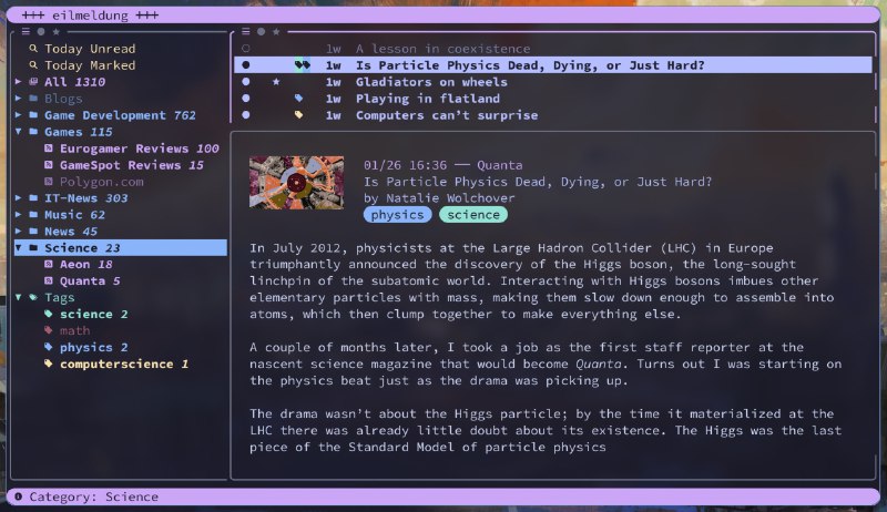 eilmeldung: 基于 news-flash 的高速 TUI RSS 阅读器• 非阻塞 TUI + 即开即用的默认配置，启动快、操作干净利落  • 基于 news-flash 库，支持多种 RSS provider，同步效率高且稳定  • 内置查询语言可搜索/过滤文章，配合 Zen mode 专注阅读，并支持从键位到主题色的深度自定义  