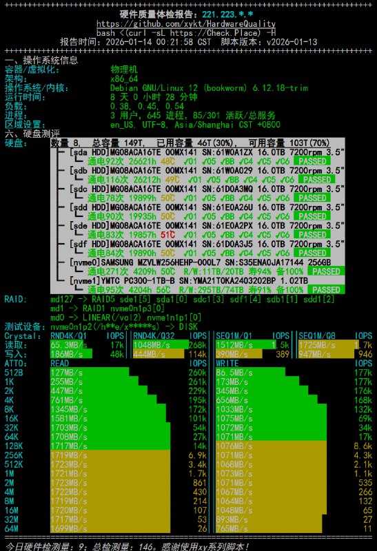 HardwareQuality: 一键全面硬件信息与性能检测• 支持 Ubuntu、Debian、CentOS 等多种 Linux 发行版以及 Docker 中的 Windows 环境  • 自动采集 CPU、GPU、内存、硬盘、主板等硬件信息并生成可视化基准对比报告  • 提供 JSON 输出，便于大数据分析和二次开发  