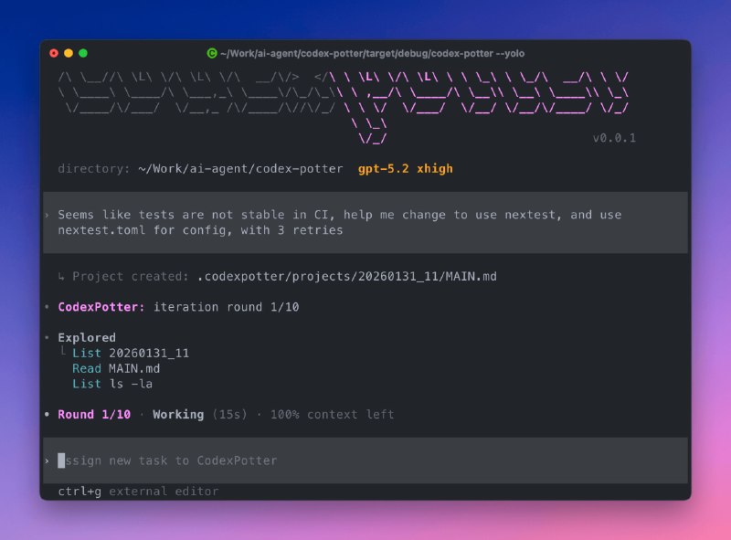 CodexPotter: 面向 Codex 的持续代码对齐与多轮自动修正工具• 基于本地 codex CLI 持续执行任务，围绕你的指令进行多轮审查、修正与收敛• 每轮使用 clean-room 上下文，结合文件系统记忆与本地知识库，提升复杂项目的稳定执行效果• 原生兼容 AGENTS.md、skills 和 MCP，支持任务队列、项目列表与跨模型复审等增强能力
