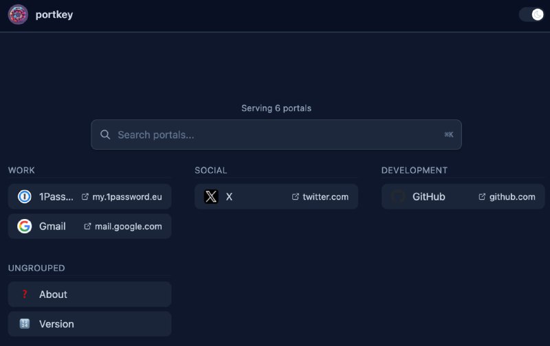 portkey: 单文件配置的轻量级起始页与链接门户• 通过一个 config.yml 即可管理链接集合、分组展示和页面布局• 内置搜索支持关键词匹配与模糊检索，适合整理常用工具与内部系统入口• 提供自定义页面、明暗主题、Docker 部署和 Prometheus 指标，方便长期自托管
