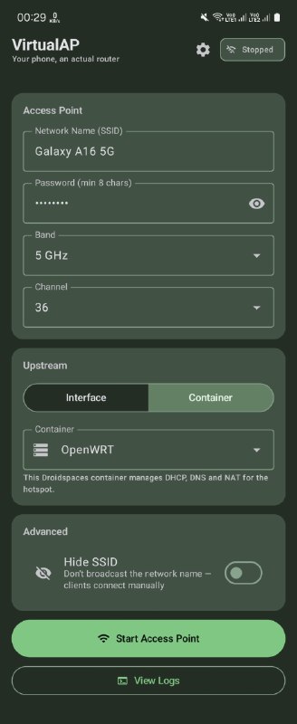 Droidspaces x OpenWRT x VirtualAP integration!This is our final goal!Making the device into a fully functional Wi-Fi router.VirtualAP is just a middleman whose only purpose is creating the hotspot.OpenWRT has the full freedom to manage the vaplan0 interface inside its own isolated network namespace, as well as nft/iptables and firewall rules, with DHCP and DNS 🗿OpenWRT never touches your phone's hardware. No more kernel panics!Testing: