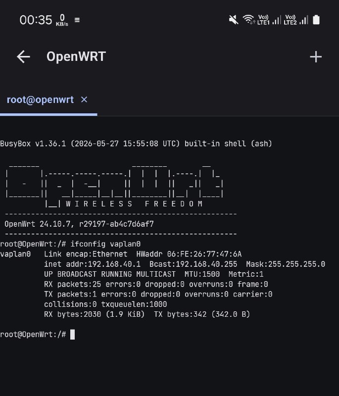 Droidspaces x OpenWRT x VirtualAP integration!This is our final goal!Making the device into a fully functional Wi-Fi router.VirtualAP is just a middleman whose only purpose is creating the hotspot.OpenWRT has the full freedom to manage the vaplan0 interface inside its own isolated network namespace, as well as nft/iptables and firewall rules, with DHCP and DNS 🗿OpenWRT never touches your phone's hardware. No more kernel panics!Testing: