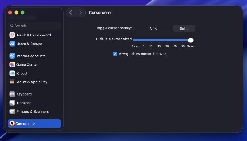 Cursorcerer: 随时隐藏 macOS 光标的轻量工具某些视频 App 全屏不会自动隐藏光标...• 通过全局快捷键即时隐藏或显示光标  • 空闲时自动隐藏，移动鼠标即恢复  • 支持 Apple Silicon 与 Intel，兼容 macOS Tahoe、Sequoia、Sonoma  