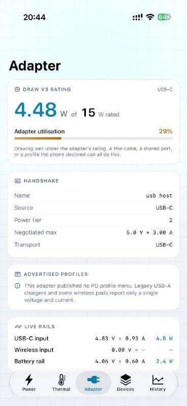 MiniWatts: 面向 iPhone 的底层电池与充电监测工具感谢 MiniBili 作者投稿• 直接读取 iOS 电源管理传感器，展示充电器输出功率、电芯实际入电功率与热耗散数据• 汇总多个温度传感器读数，并提供功率、温度、充电器和历史视图，适合分析充电发热与供电状态• 基于 Apple 私有 API 构建，支持通过 Sideloadly、AltStore、SideStore 或 Xcode 自签安装，适用于 iOS 17 及以上设备