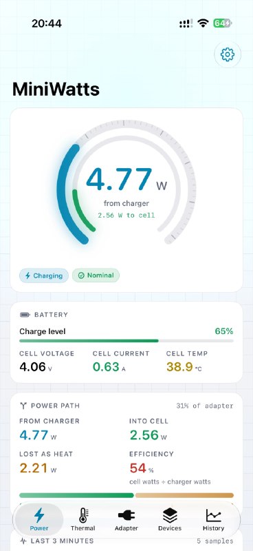MiniWatts: 面向 iPhone 的底层电池与充电监测工具感谢 MiniBili 作者投稿• 直接读取 iOS 电源管理传感器，展示充电器输出功率、电芯实际入电功率与热耗散数据• 汇总多个温度传感器读数，并提供功率、温度、充电器和历史视图，适合分析充电发热与供电状态• 基于 Apple 私有 API 构建，支持通过 Sideloadly、AltStore、SideStore 或 Xcode 自签安装，适用于 iOS 17 及以上设备