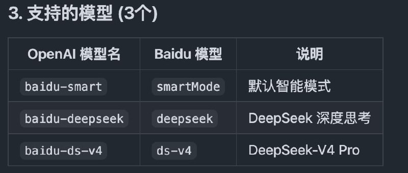 baiduchat2api: 将百度文心助手封装为 OpenAI 兼容 API• 逆向 chat.baidu.com 主聊天接口，支持 SSE 流式响应与本地 API 服务• 提供 baidu-smart、baidu-deepseek、baidu-ds-v4 等模型映射，兼容 OpenAI Chat Completions 调用• 支持深度思考内容解析与 OpenAI 风格工具调用返回