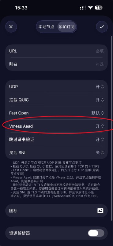 Loon 添加订阅时  VMess AEAD 自动选中的是 "开"...导致下发的字段被改变 节点不通如果遇到相关的问题 请自己改成 "默认"@The3KKK 3K 你怎么这么坏啊