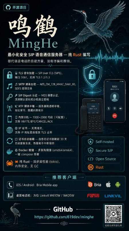 鸣鹤 (MingHe) 最小化安全 SIP 语音通信服务器 — 纯 Rust 编写来自作者自荐 @KtieMark57替代语音电话的自建方案，没有诈骗和推销