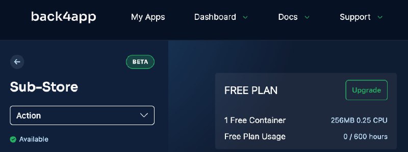  Sub-Store back4app 自建教程 复活 已更新至最新 Dockerfile 配置👉 查看文档 相关内容链接参数说明 脚本使用说明代理 App 版安装下载服务器/云平台/Docker/Android 版的相关教程相关教程/脚本整合
