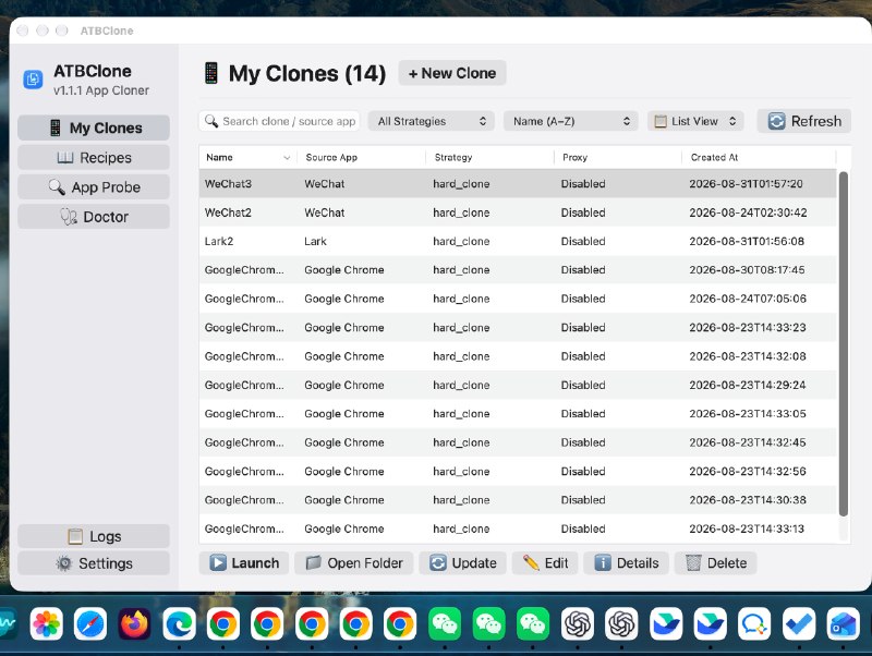 ATBClone: 面向 macOS 的现代化应用分身与多开管理引擎• 支持硬克隆与软克隆双引擎，为微信、Telegram、Chrome、Cursor 等应用提供独立实例与数据隔离• 内置应用探测与规则引擎，可自动分析未知应用架构、匹配克隆策略，并支持自定义 Recipe• 提供 GUI 与 CLI 双入口，支持独立 HTTP / SOCKS5 代理、无损更新、批量管理与自动化脚本集成