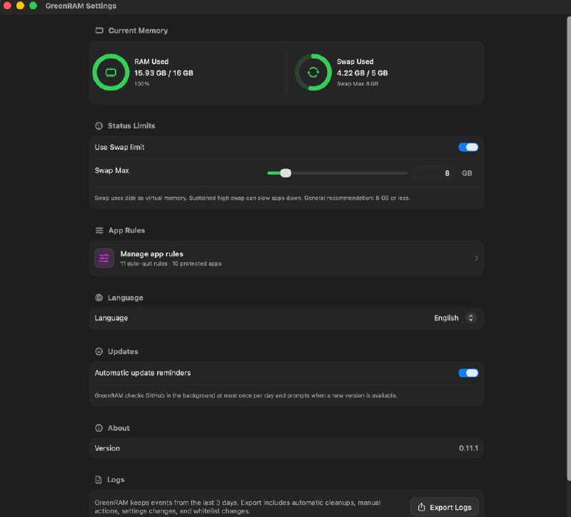 GreenRAM: macOS 内存智能管理工具• 实时监控内存与 Swap 使用情况，提供可视化状态面板，帮助快速掌握系统资源占用情况• 支持应用级内存清理规则，可针对指定应用执行内存回收，提升多任务场景下的系统响应速度• 原生 Swift 开发，支持自动更新与菜单栏快捷操作，兼顾性能表现与日常使用体验