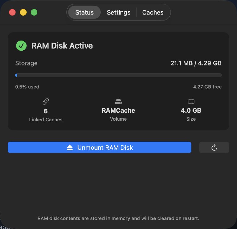 RAMCacheManager: 原生 macOS RAM 磁盘缓存管理工具• 将 npm、Cargo、CocoaPods、Go、pnpm 等开发缓存迁移到 RAM 磁盘，提升构建与依赖读写速度• 支持 1 GB 到 16 GB RAM 磁盘调节，一键创建缓存符号链接，并可登录后自动挂载• 菜单栏常驻，实时查看 RAM 磁盘占用与已链接缓存数量，适合高频构建的开发环境