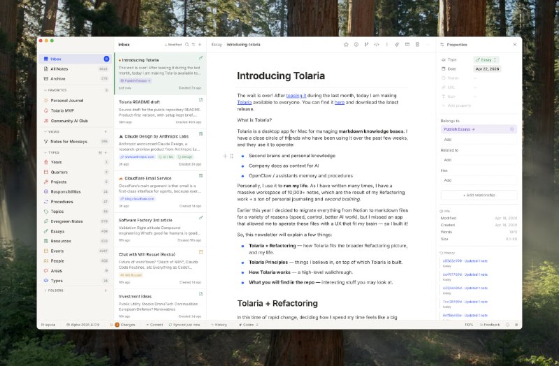 Tolaria: 面向 AI 工作流的 Markdown 知识库管理工具• 基于 Files-first 与 Git-first 设计，所有笔记均以 Markdown 文件存储，支持完整版本历史，数据便于迁移与长期维护• 内置 MCP Server，可与 Claude Code、Codex CLI、Gemini CLI 等 AI 工具协同，让知识库直接成为 AI 的长期上下文• 支持 macOS、Windows 与 Linux，采用 Offline-first 架构，键盘优先交互，适合个人知识管理、团队文档沉淀与 AI Agent 记忆管理