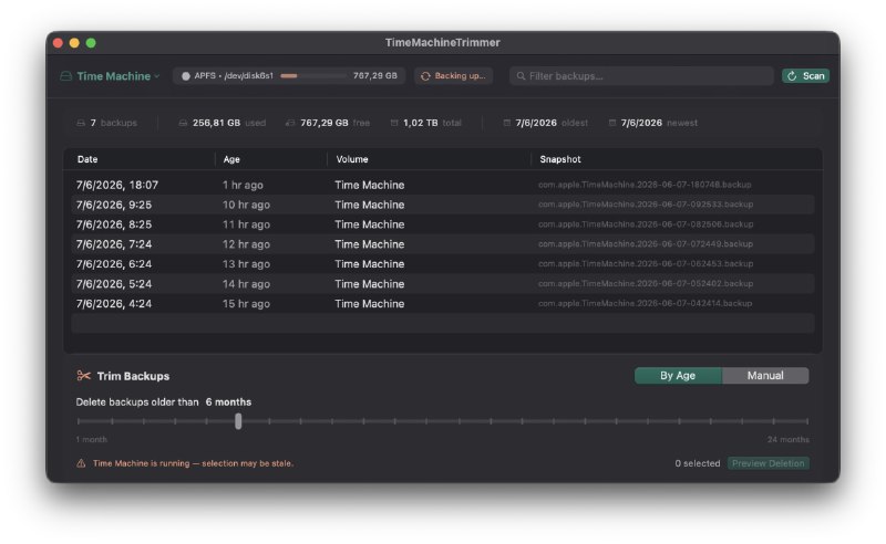 TimeMachineTrimmer: macOS 原生 Time Machine 备份清理工具• 支持清理任意 Time Machine 卷上的旧快照，释放磁盘空间• 原生 SwiftUI 应用，界面轻量，贴合 macOS 使用体验• 支持 Homebrew 与 .dmg 安装，适合快速部署到日常维护流程