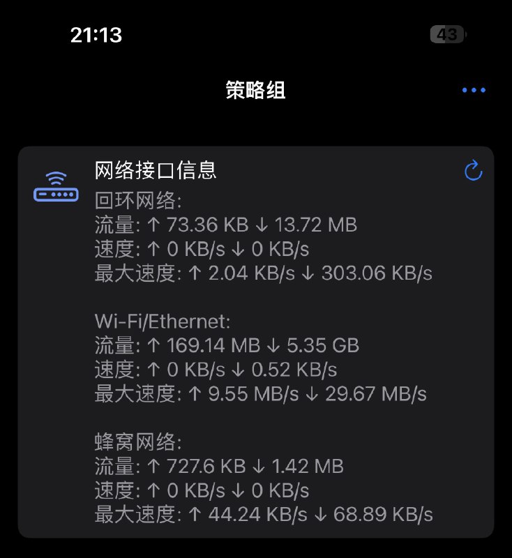 #Surge #模块 #面板 #脚本 #信息 #Panel #回环网络 #网络接口 #WiFi #Ethernet #蜂窝网络Powered by Chavy‘s BoxJs and Env.jsAvailable in  SurgeCreated by @xream网络接口信息面板显示流量/速度/最大速度两种样式 Surge 模块 相关内容网络信息Available in  Surge,  Stash,  Loon, Shadowrocket,  Quantumult X国内外 IP, 运营商, ASN, ORG, 位置, 策略; IPv6; 入口落地; 隐私; LAN; SSID. 支持网络变化时进行查询通知