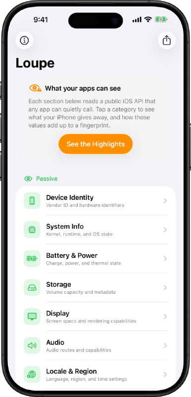 Loupe: 可视化 iOS 设备指纹暴露面的隐私研究工具• 读取公开 iOS API 暴露的真实设备信息，帮助用户理解 App 可见的数据范围• 按 Passive、Needs Permission、Advanced 分层展示指纹信号，覆盖系统设置、权限数据与侧信道能力• 数据默认留在本机，支持查看原始值，适合隐私研究、移动安全教学与 App 风险评估