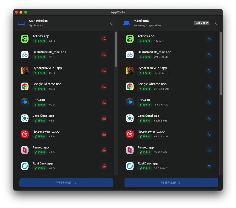 AppPorts: 为 macOS 打造的应用外置迁移与无感运行工具• 一键将 /Applications 下的大型应用迁移到外置硬盘、SD 卡或 NAS，显著释放本机存储空间  • 采用 Contents 目录链接方案，保留原生 .app 结构，Finder 无快捷箭头且兼容 Launchpad 与 macOS 26 App 菜单  • 内置安全与还原机制，自动保护系统应用并检测运行状态，支持随时无损迁回本地