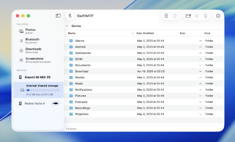SwiftMTP: macOS 上现代化的 MTP 设备管理工具• 基于 Swift 与原生 macOS 界面，支持浏览 Android 等 MTP 设备目录，交互体验接近 Finder• 提供双向文件传输、拖拽导入导出、Quick Look 预览，以及新建文件夹、重命名、删除等常用操作• 支持多设备连接、传输进度跟踪与任务取消，后端结合 Kalam 与 libusb，兼顾性能与轻量化