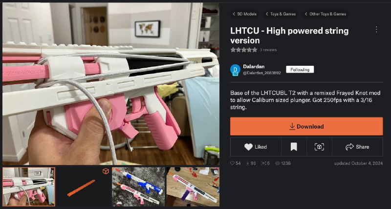 折腾 LHTCU 轻五金系列🆕 Elastic string powered LHTCU - 轻五金皮筋动力优化版已发布到 MakerWorld能跑 60 但是扳机太硬了 国际站 中国站Low Hardware Mini Claw - LHMC 优化版已发布到 MakerWorld 国际站 中国站—-入坑之后家里的油, 脂, 螺丝, O 圈, PC 管, 卷毛, 🥚是越来越多了一开始是日常逛 Reddit r/Nerf 的时候看到 有人做了 Mini Claw(图 3)之前也在 P 站看了 Sillybutts 的 LHTCU(图 4) 和 Mini Claw U(图 5)打印一片光滑的薄片塞进打印气缸属实很屌后来也看了皮筋动力的 remix: gargunkle 的(图 6), CoolDoctorJ 的(图 7), Dalardan 的(图 8)还有个更完善坚固的 LHTCUBL T2 但是当时感觉太复杂...gargunkle 的这个 Mini Claw 属实零件少又简单 正好能把我的 PC 管卷毛和 O 圈都用上结果自己改了一堆零件之后(之后会慢慢整理发 mw)...说好的 Low Hardware(图 1, 图 2, Nano Banana 改照片背景真方便)...1g 🥚 初速 60 左右还试了下打印的内管 性能几乎没影响...零件不多 非常方便 remix 值得折腾 频道资源合集   恰饭推荐   群组 #3D #打印 #Nerf #软弹 #LHTCU