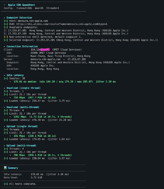 Apple CDN Network Bench感谢 AAPL，vibecoding 了一下做了个一键 Speedtest 脚本，支持：• 单线程下载测速• 多线程下载测速• 单线程上传测速• 多线程上传测速• 延迟测试
