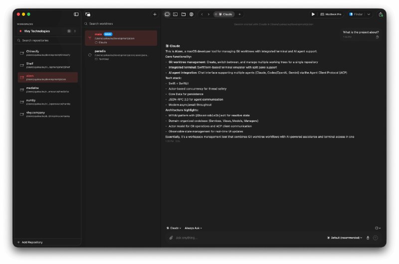 Aizen: 面向并行开发的 macOS 智能工作区• 为每个项目或分支提供独立环境，统一管理终端、文件、浏览器、代理会话和 Git 上下文，适合多任务并行开发• 内置基于 libghostty 的 GPU 加速终端，支持分屏、标签页和 tmux 会话持久化，同时提供 CLI 快速打开项目与连接终端• 强调 Agentic-First 工作流，支持 ACP 注册表代理、MCP 服务器接入、代码评审与 GitHub Actions / GitLab CI 可视化，覆盖开发到交付的完整链路