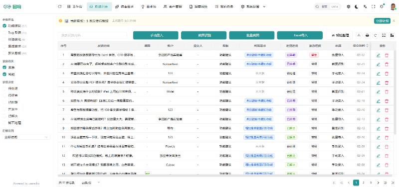 userecho: 面向产品团队的开源用户反馈管理与 AI 洞察平台• 支持多渠道用户反馈收集、批量导入与智能去重，能够快速合并重复需求，降低整理成本• 内置截图 OCR 与 AI 语义识别，可直接解析微信截图中的用户昵称和反馈内容，减少手动录入• 基于 FastAPI + Vue 3 + PostgreSQL + pgvector 构建，提供多租户工作空间、智能回复助手与周报洞察，适合 SaaS 团队落地反馈闭环