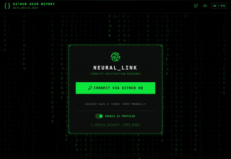 CyberGit Report: 赛博 GitHub 年报- 利用 AI 对用户的代码风格和提交习惯进行心理分析，生成独特的“网络行者”人格画像- 报告通过科幻终端界面可视化 GitHub GraphQL 数据，提供沉浸式体验- 核心功能包括身份矩阵、时空分析、代码动力学、技术栈分析、AI 心理侧写等- 项目注重用户体验，包含赛博朋克 UI/UX 设计、音频音效以及导出和分享功能