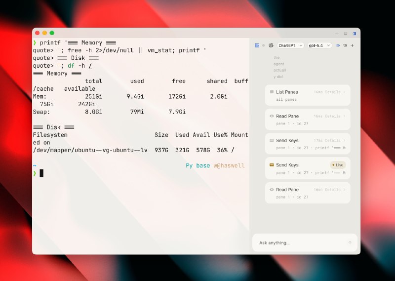 con: 面向 SSH、tmux 与 AI agent 工作流的原生终端模拟器• 原生 macOS 窗口、标签页和分屏体验，结合 GPU 加速渲染，适合高频终端操作场景• 内置 AI harness，可读取当前上下文、执行前确认操作，并直接在可见终端中协作完成任务• 围绕 SSH、tmux 和编码 agent CLI 设计，保留真实 PTY 与终端优先的使用方式