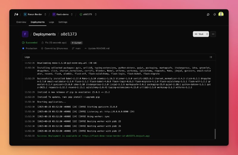 Devpush: 开源且自托管 Vercel/Render/Netlify 替代品- 支持多种编程语言（Python, Node.js, PHP 等），只要能运行在 Docker 中- 提供 Git-based 部署，支持零停机更新和即时回滚- 具备实时日志、团队管理、自定义环境和域名等高级功能