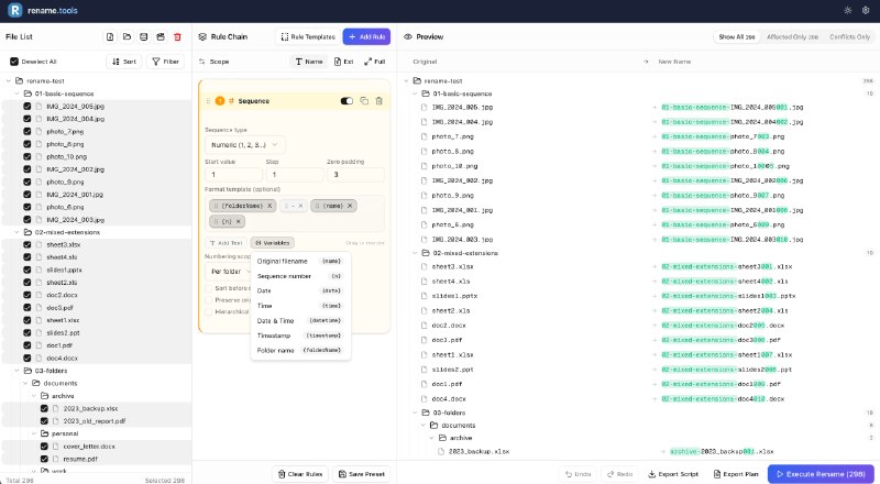 Rename.Tools: 面向隐私优先场景的浏览器端批量文件重命名工具• 基于浏览器本地处理，文件无需上传，依托 File System Access API 直接完成重命名，适合对隐私和安全要求高的场景• 支持规则链组合，包括查找替换、正则表达式、序号、大小写转换和自定义 JS，能够覆盖从日常整理到复杂批处理的多种需求• 提供实时预览、冲突检测、撤销与脚本导出能力，同时可读取 EXIF 和音频元数据，兼顾可视化操作与自动化扩展