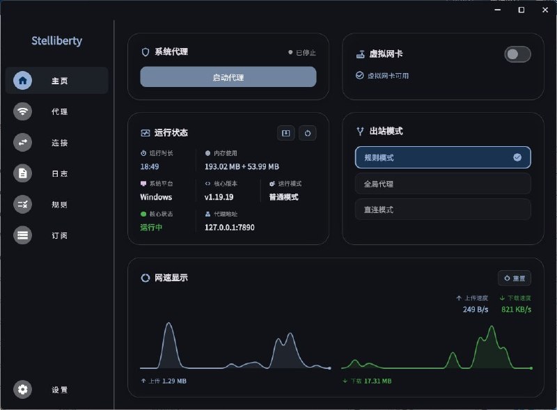 Stelliberty: 基于 Flutter 与 Rust 的现代 mihomo 客户端• Rust 后端驱动，Flutter 构建 MD3M 界面，兼顾性能与桌面端视觉体验• 支持订阅管理、覆写配置、连接跟踪与流量统计，适合日常代理配置维护• 集成系统托盘、开机自启、Windows 服务与 UWP 回环管理，桌面使用体验更完整